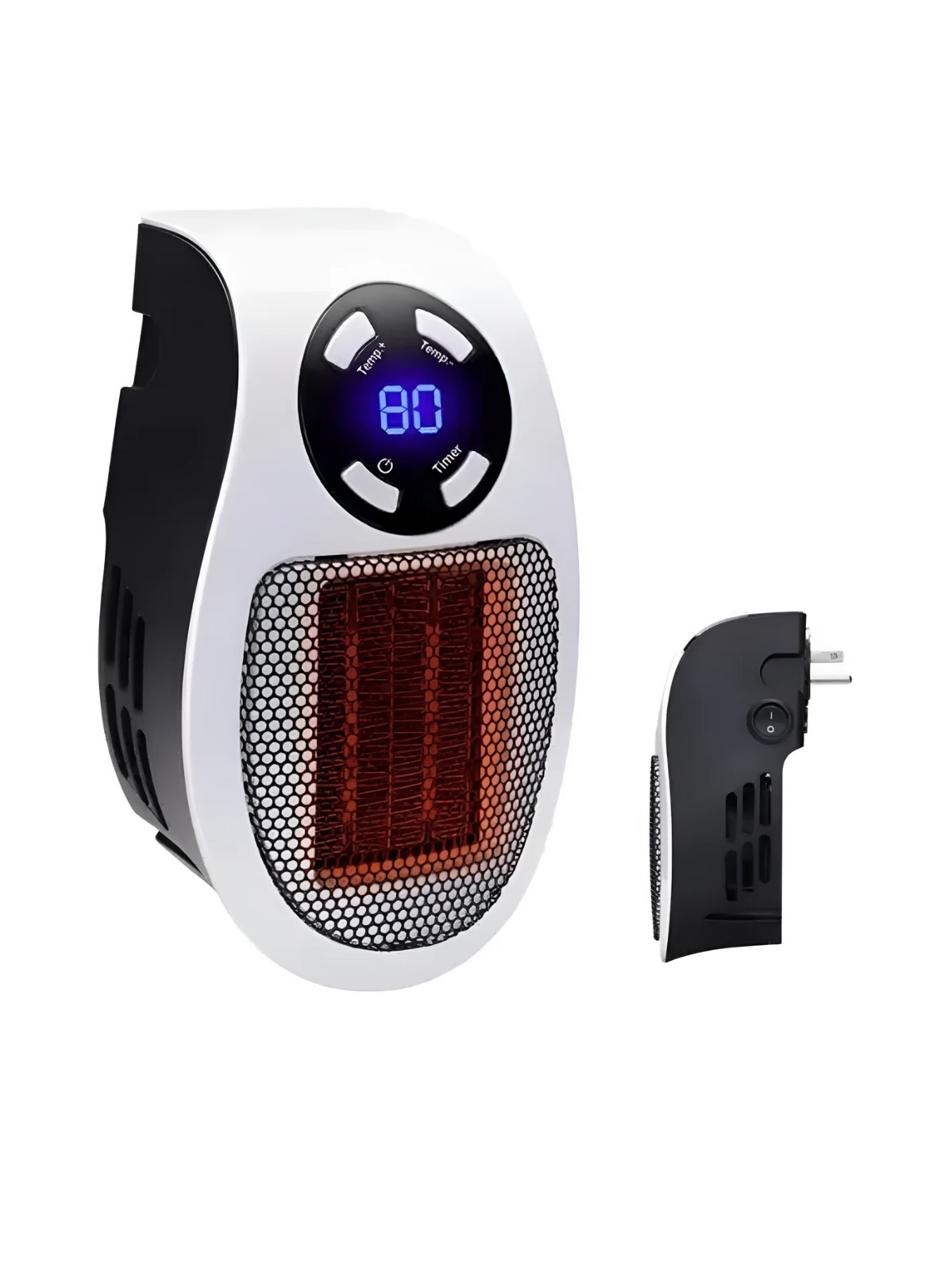 Calefactor cerámico — frente y perfil con display LED