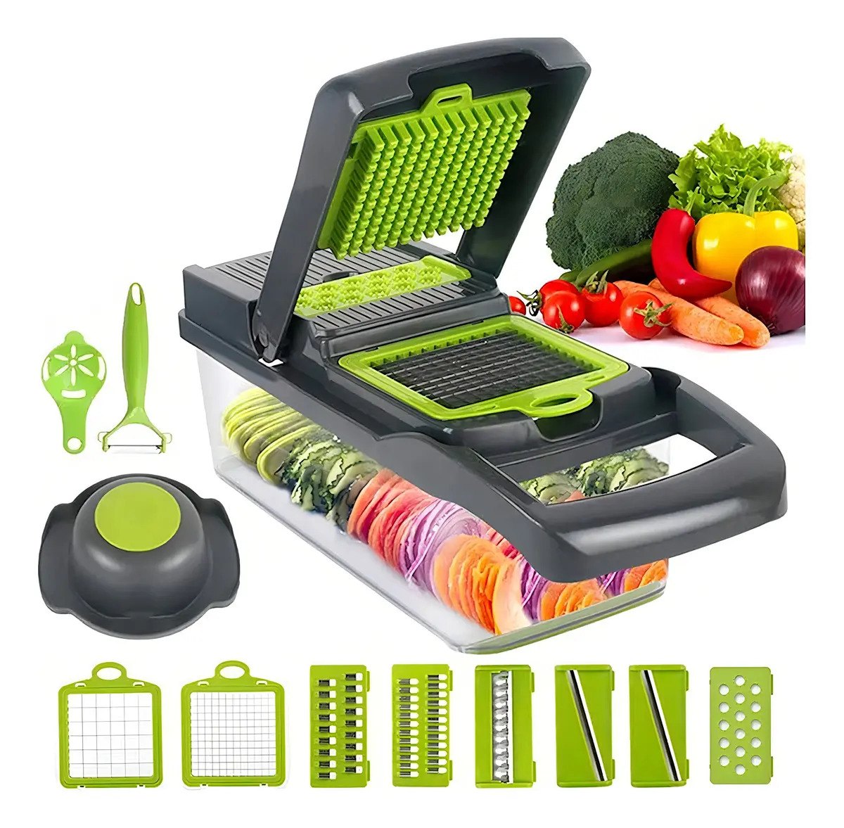 Cortador de verduras multifunción verde con verduras cortadas en la mesada