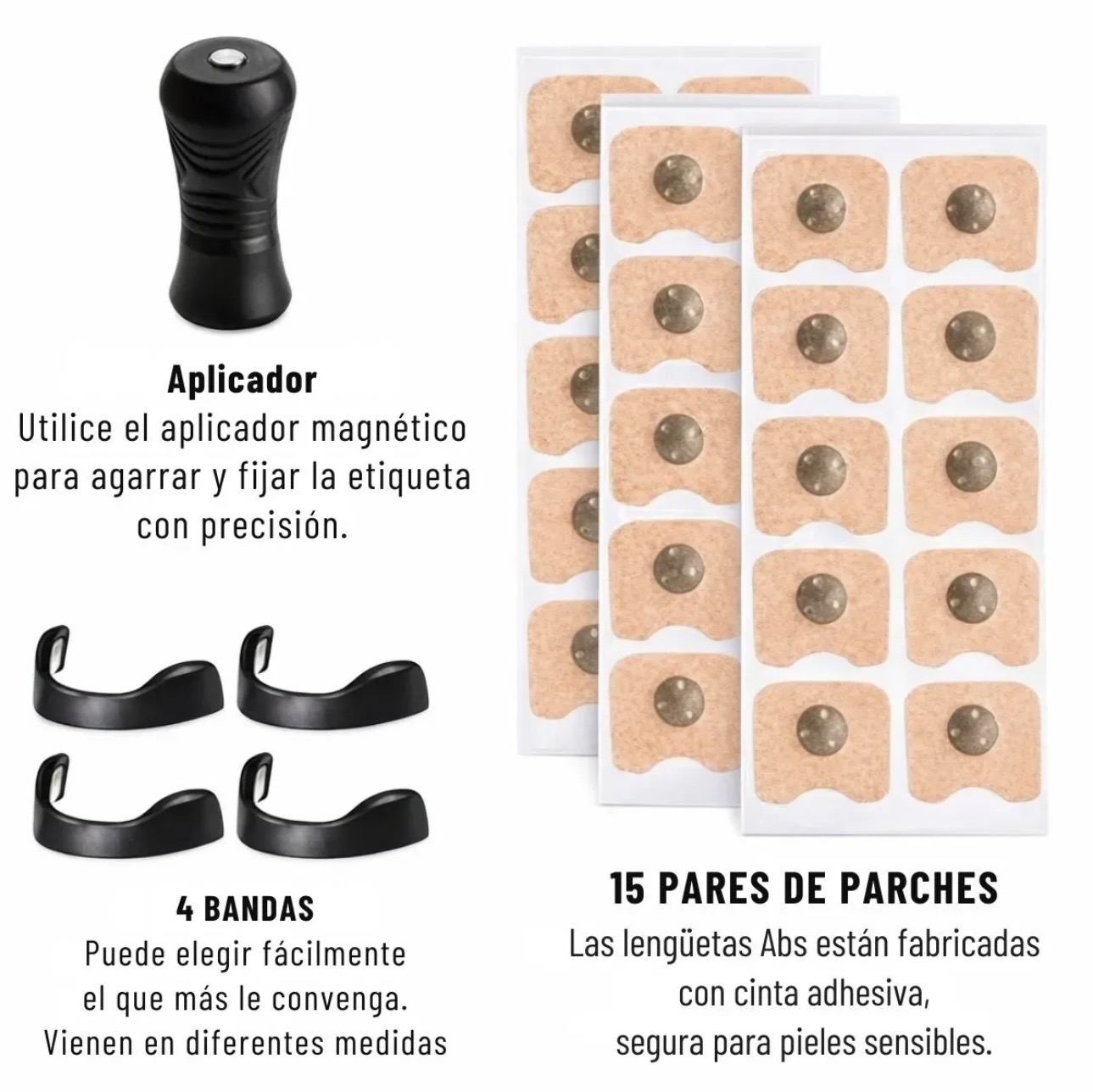 Qué incluye el kit: aplicador, 4 bandas y 15 pares de parches