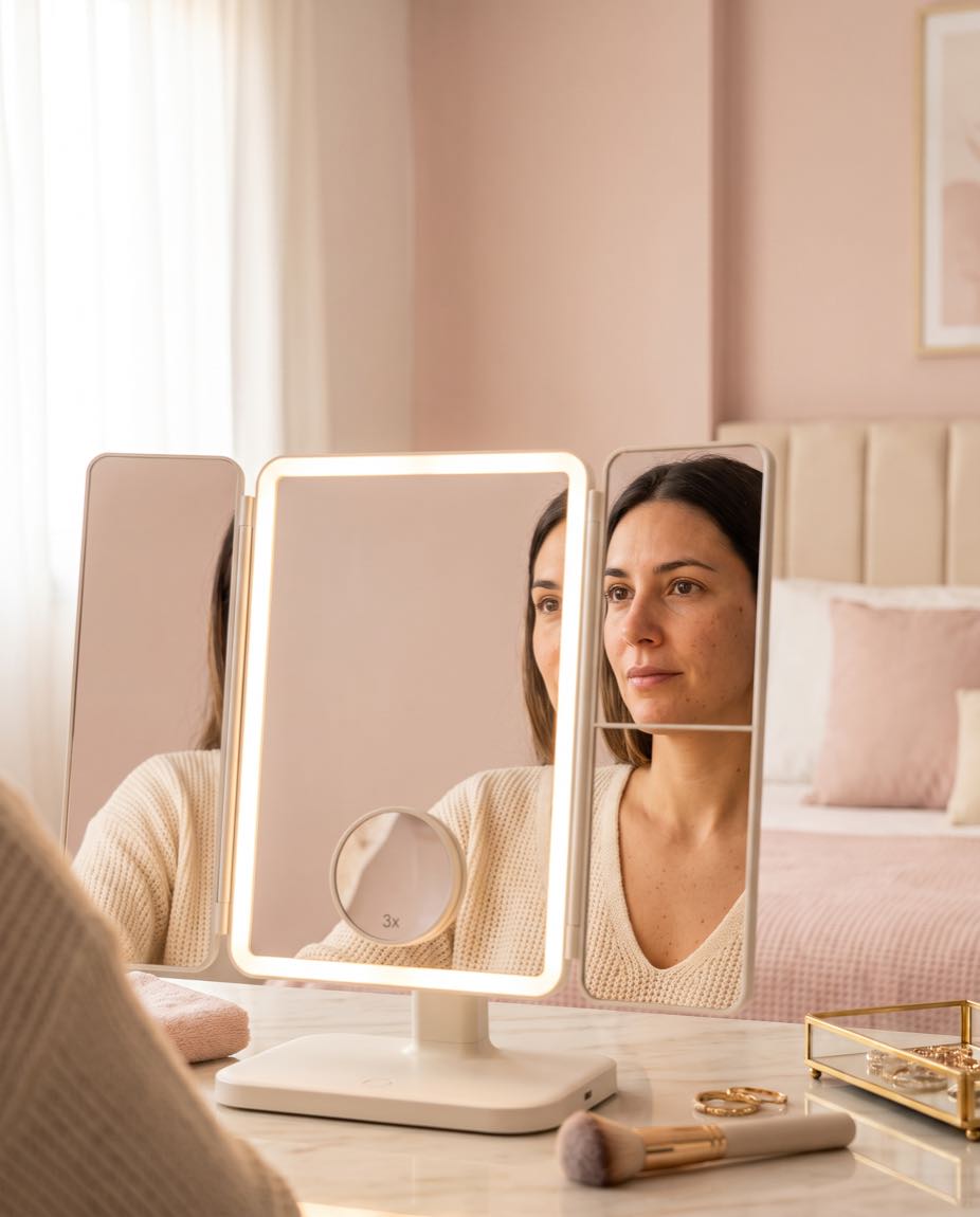 Espejo tríptico de maquillaje con luz LED, aumento x3 y 3 tonos de luz