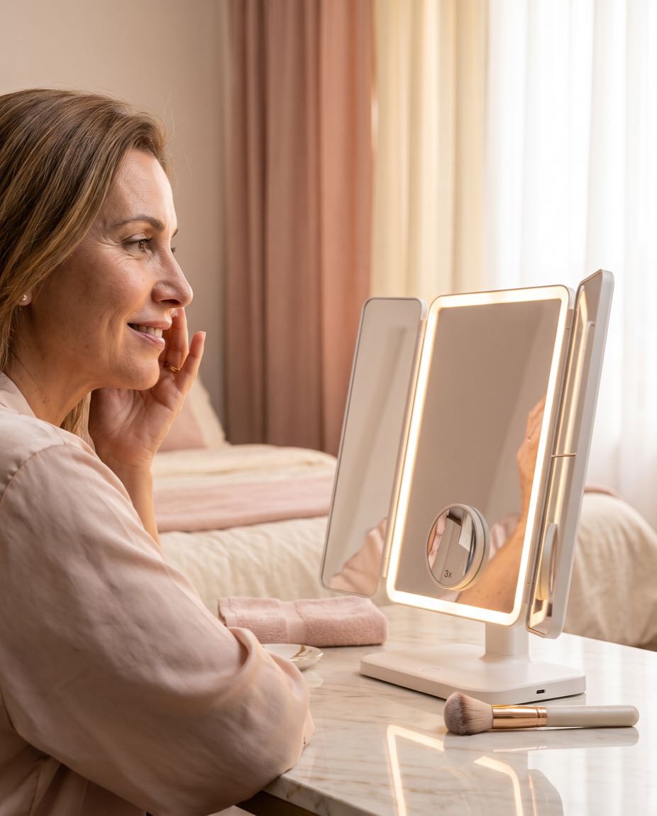 Mujer maquillándose sentada, tranquila, con su espejo LED y buena luz