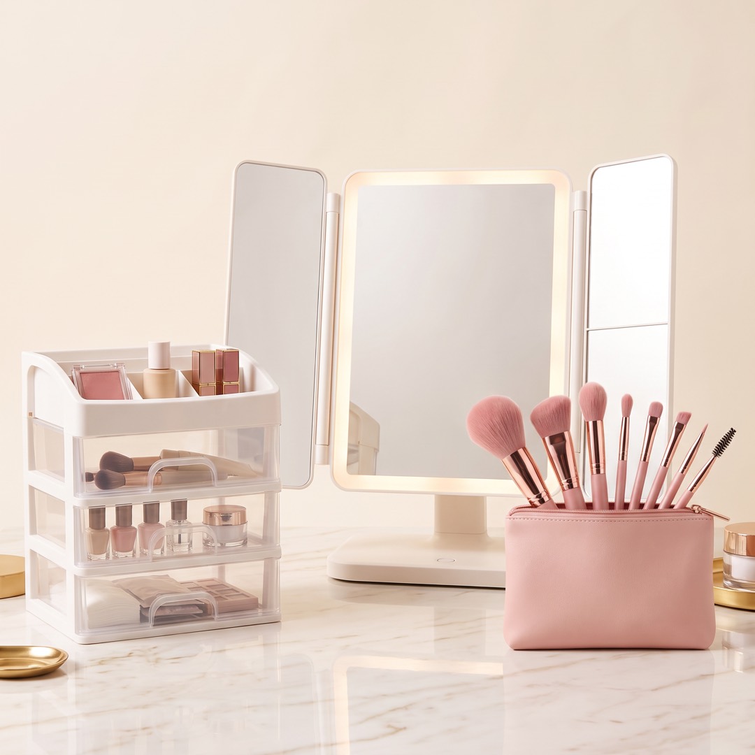 Estación Completa: espejo tríptico LED + organizador de cosméticos + set de 8 brochas