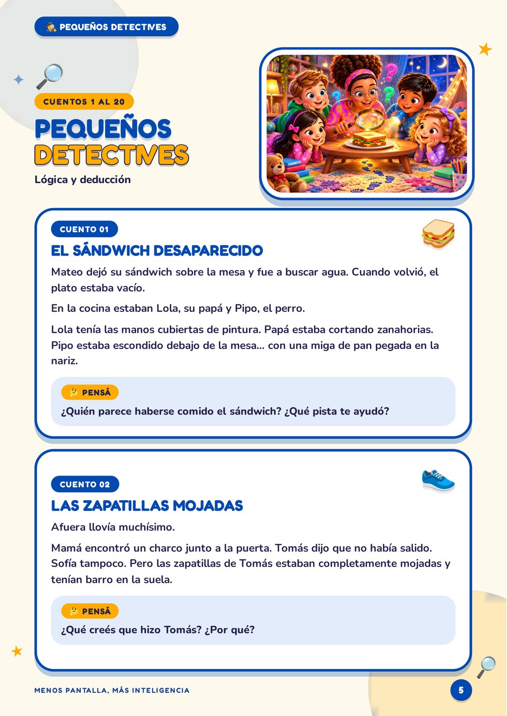 Página real del libro: sección Pequeños Detectives con dos cuentos y sus preguntas