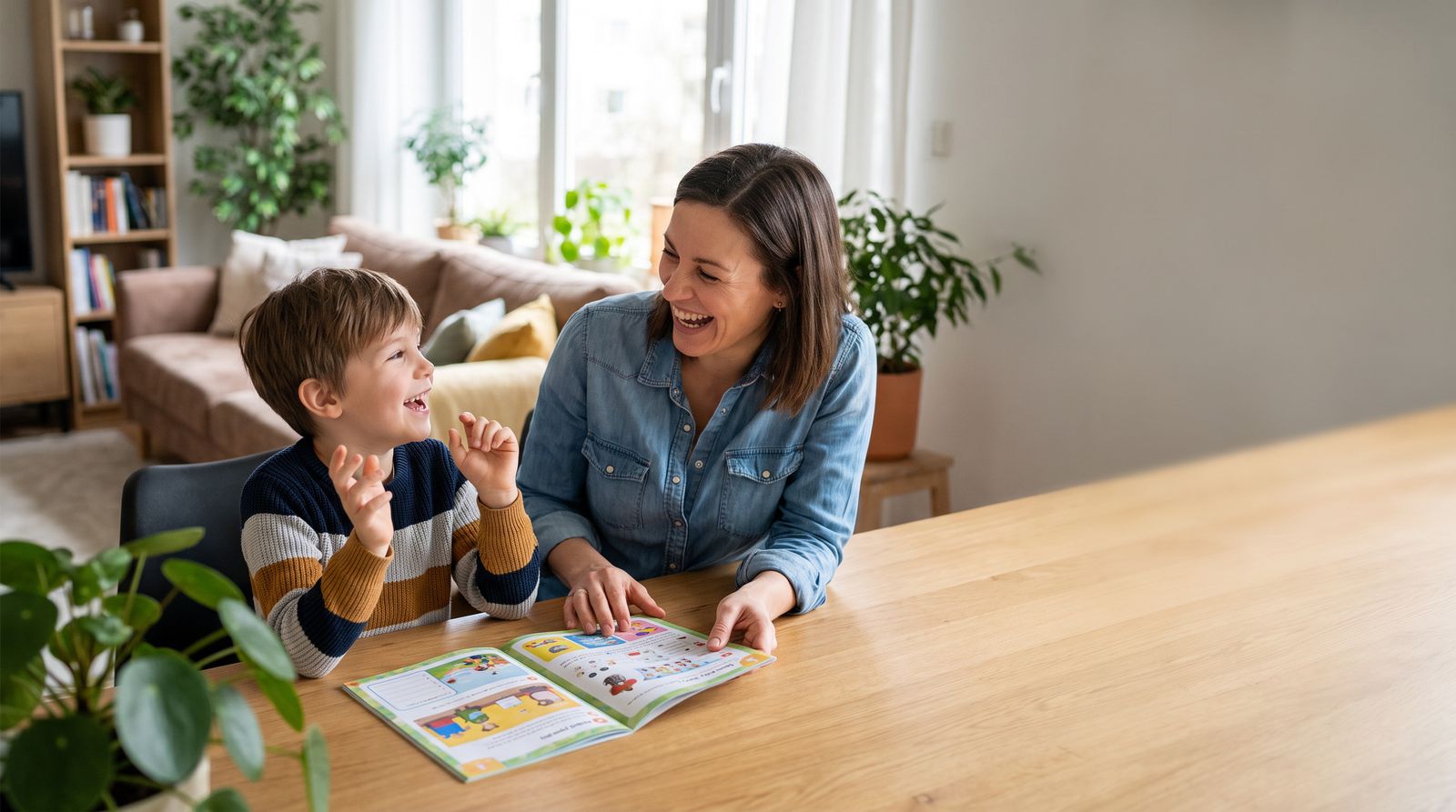 Una madre y su hijo disfrutan juntos un desafío del libro en la mesa de casa