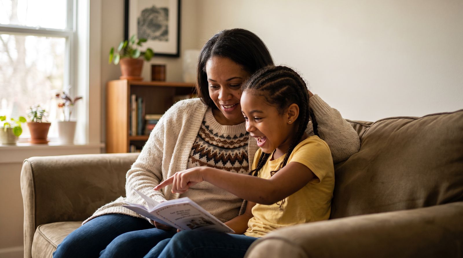 Una madre y su hija resuelven juntas un desafío del libro; la niña señala una pista y explica su idea