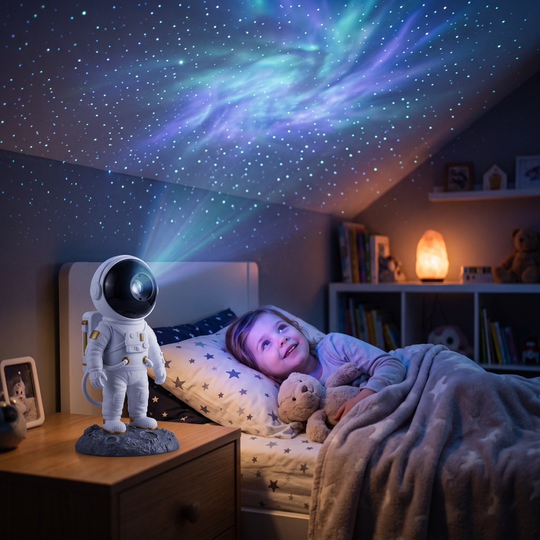 Chicos mirando el cielo estrellado proyectado en su cuarto