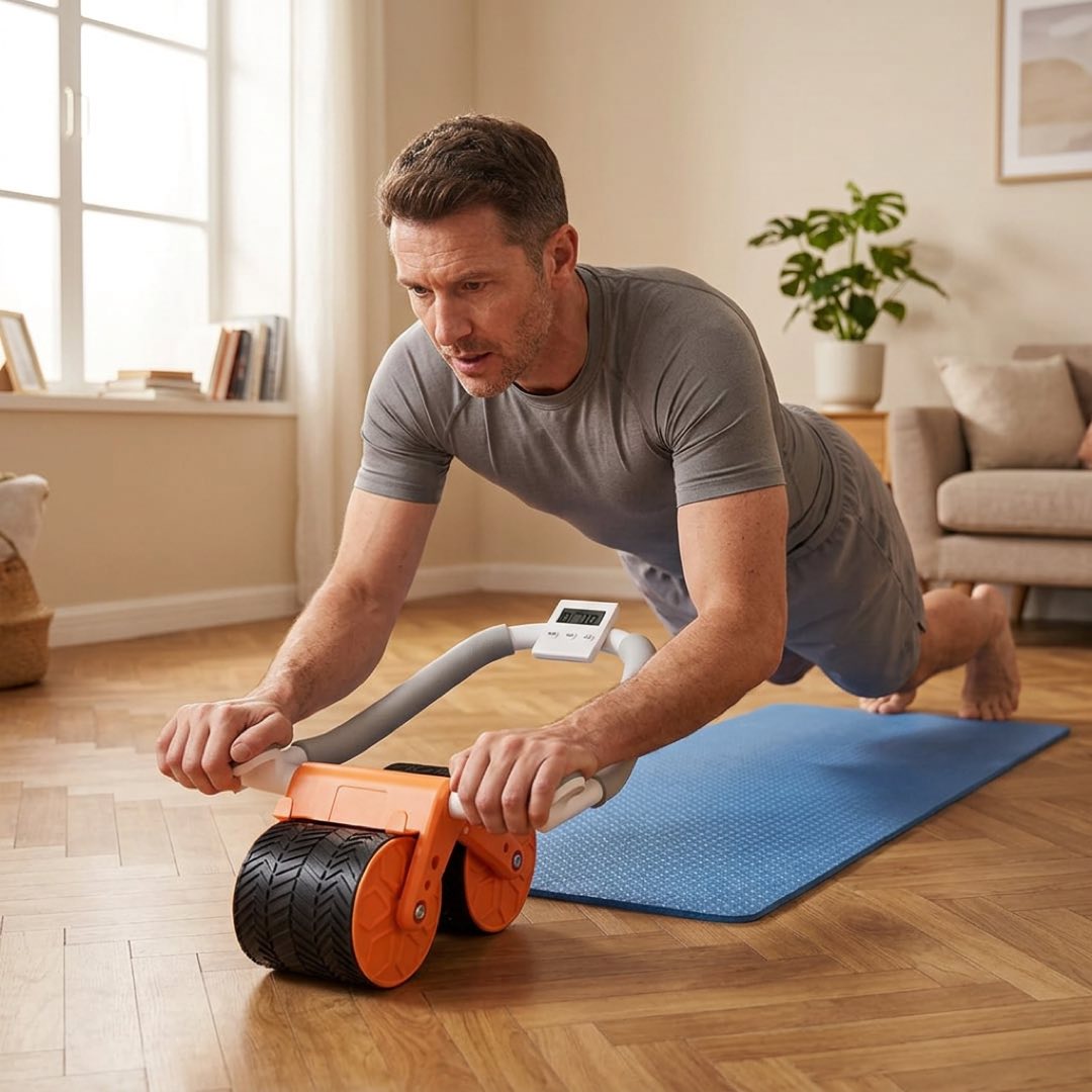 Hombre entrenando el core en casa con la rueda