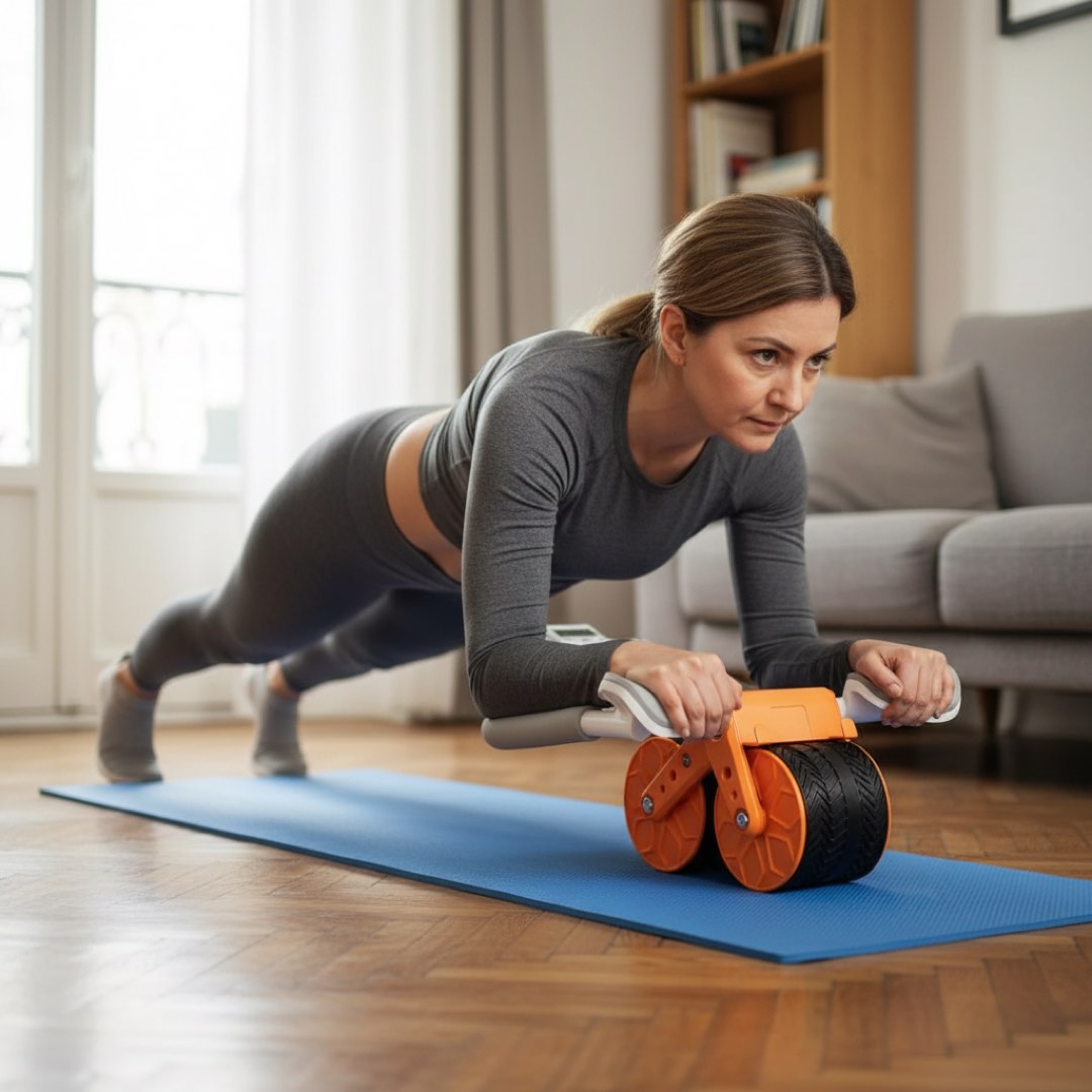 Mujer entrenando en casa con la rueda